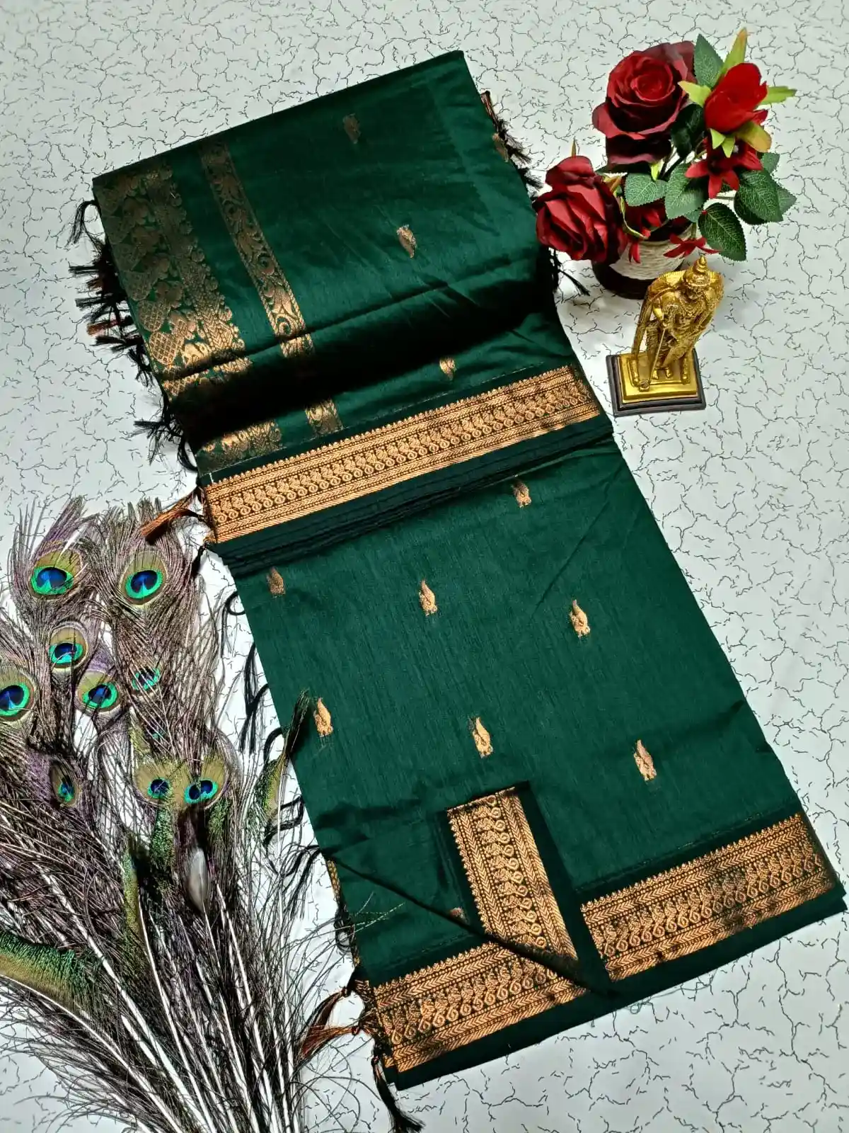 Bottle Green Paisley Zari Butta Kalyani Cotton Saree